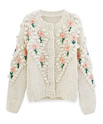 Chanel Women's Stitch Floral Diamond Pom-Pom Hand Knit Cardigan Cream