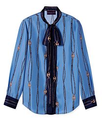 Gucci Women's Marina Chain Print Silk Twill Shirt Blue