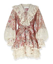 Zimmermann Women's Rebellion Lace-Up Mini Dress Tan Floral Pink