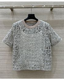 Brunello Cucinelli Women's Shimmering Croc Embroidered Knit T-Shirt Gray