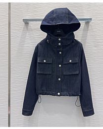 Christian Dior Women's Drawstring Hooded Denim Jacket Dark Blue