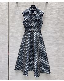 Christian Dior Women's Oblique-Pattern Belted Dress Dark Blue