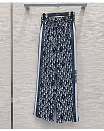 Christian Dior Women's Oblique Print Silk Twill Wide-Leg Trousers Dark Blue