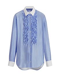 Christian Dior Women's Ruffled Striped Silk Twill Shirt Blue