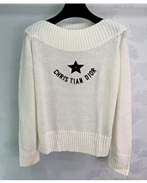 Christian Dior Women's Ribbed Collar Embroidered Lettering Sweater Cream