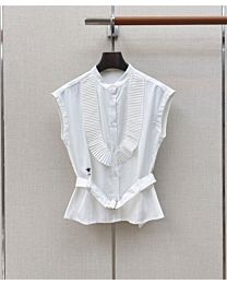Christian Dior Women's Ruffled-Neck Sleeveless Belted Shirt White