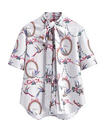 Christian Dior Women's Qixi Short-Sleeved Tie-Collar Blouse White Cotton Dior Qixi Short-Sleeved Tie-Collar Blouse White Cotton White