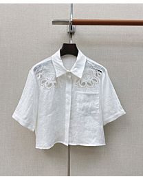 Celine Women's Linen Short-Sleeve Shirt With Cutwork Embroidery White