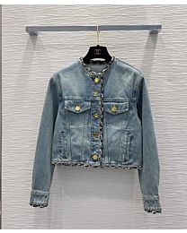 Chanel Women's Cropped Denim Jacket With Tweed Trim Blue