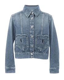 Chanel Women's Denim Jacket With Logo-Embroidered Heart Pocket Blue