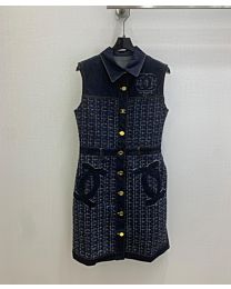 Chanel Women's Sleeveless Denim And Tweed Patchwork Dress Blue