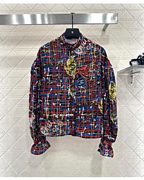 Chanel Women's Printed Silk Crepe Satin Long-Sleeved Shirt Red