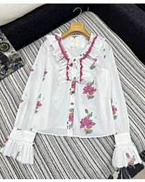 Chanel Women's Handmade Ruffled Printed Bell Sleeve Shirt White
