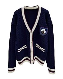 Chanel Women's V-Neck Cable Knit Cardigan Dark Blue