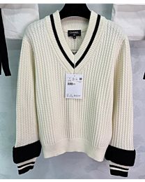 Chanel Women's V-Neck Striped Color-Blocked Wool Sweater Cream
