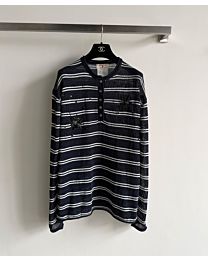 Chanel Women's Striped Embroidered Long-Sleeve Knit Top Black