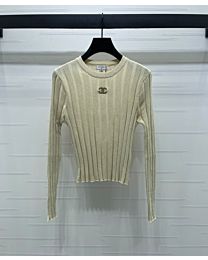 Chanel Round Neck Stripe Embroidered Sweater Cream