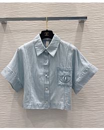 Chanel Women's Washed Denim Embroidered Cropped Shirt Blue