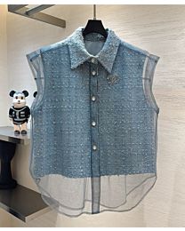 Chanel Women's Sleeveless Tweed Vest Blue