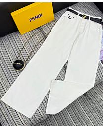 Fendi Women's Embroidered Double F Pocket Denim Straight Pants White