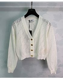 Fendi Women's V-Neck Jacquard Button-Knit Cardigan White