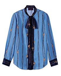 Gucci Women's Marina Chain Print Silk Twill Shirt Blue