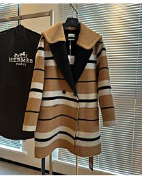 Hermes Women's Striped Wool And Cashmere Blend Double-Breasted Coat Apricot
