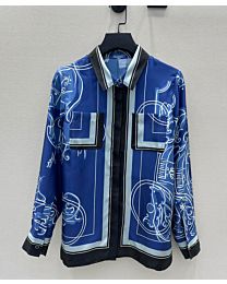 Hermes Women's Printed Silk Twill Shirt Blue