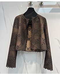 Alaia Suede Sheepskin Hollow Embroidery Short Jacket Coffee