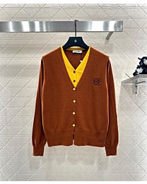 Loewe Women's Contrast Color Fake Two-Piece Knit Cardigan Coffee