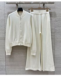 Loro Piana Zippered Cashmere Knitted Cardigan And Wide-Leg Pants Set Cream