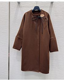 Louis Vuitton Women's Woolen Collarless Coat With Leather Buckles Coffee