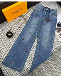 Louis Vuitton Women's Embroidered Logo And Rhinestone Straight-Leg Denim Pants Blue