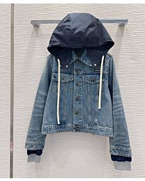 Miu Miu Women's Denim Jacket With A Contrasting Hood And Cuffs Blue