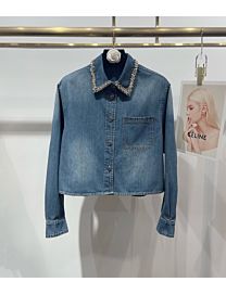Miu Miu Women's Rhinestone-Embellished Denim Shirt Blue