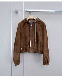 Miu Miu Women's Suede Embroidered Hooded Jacket Coffee