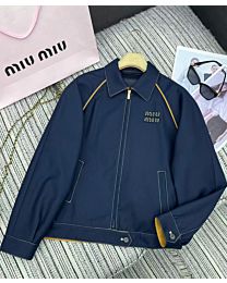 Miumiu Women's Deerskin Velvet Jacket With Contrast Stitching Dark Blue