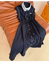 Miu Miu Women's Lace Crochet Lapel Splicing Sleeveless Dress Dark Blue