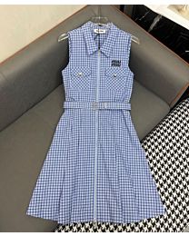 Miumiu Women's Alphabet Applique Plaid Dress Blue