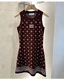 Miumiu Women's Diamond Hollow Knit Vest Dress Coffee