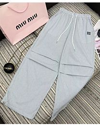 Miumiu Women's Letter Embroidered Striped Wide Leg Pants Blue