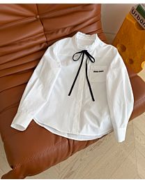 Miu Miu Women's Ruffled Neckline Blouse With Bow Tie White