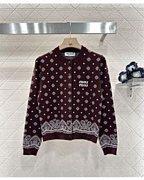 Miumiu Women's Letter Diamond Jacquard Knitted Jacket Coffee