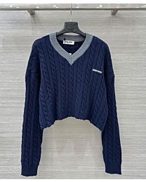 Miumiu Women's Contrast Color Twist Letter Knitted Long Sleeve Top Dark Blue