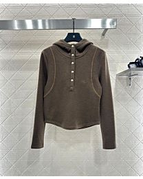 Miu Miu Women's Long-Sleeved Hooded Half-Open Button-Down Top Coffee