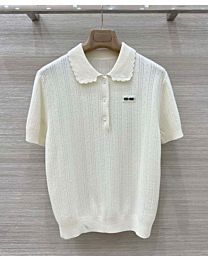 Miu Miu Women's Short-Sleeved Openwork Knit Polo Shirt Cream