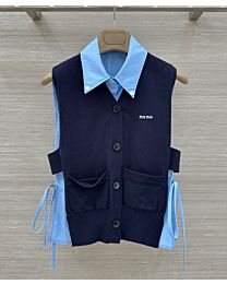 Miu Miu Women's Embroidered Knit Vest Tie-Front Shirt Matching Set Blue