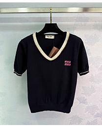 Miumiu Women's Lace Knitted T-shirt Black