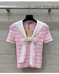 Miumiu Women's Bow Striped T-shirt Pink