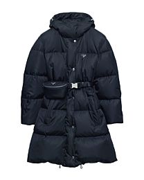 Prada Women's Re-Nylon Long Down Jacket With Belt Bag Black